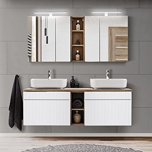 Lomadox Badmöbel Set, Doppelwaschtisch 140cm mit Unterschrank, 2 Keramik Aufsatzwaschbecken, Spiegelschränke und Regale in weiß matt mit Vintage Eiche Nb., B/H/T: ca. 140,4/200/46 cm