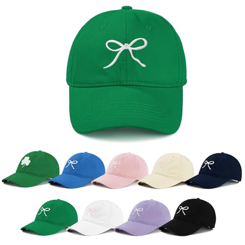Zando Trendy Bow Baseball Caps for Women Men Girls Dad Preppy Y2k Sweet Adjustable Coquette Green Trucker Hat Funny Summer Sun Ball Cap for Running Travel Golf Teenis Valentines Accessories One Size