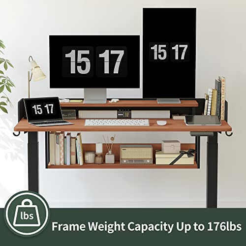 Image of FEZIBO Electric Height Adjustable Standing Desk with Double Shelves, 48 x 24 Inch Home Office Desk with Monitor Stand and Storage, Sit Stand Rising Desk, Nature
