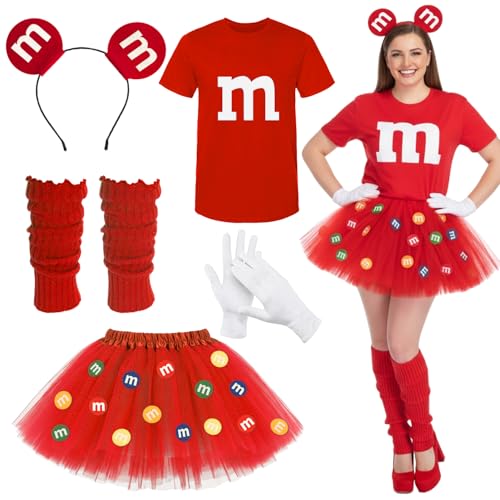 ZJKUBOIS 8 Stück M und M Kostüm Damen, Inkl. M Aufdruck T-Shirt, Tüllrock, M Haarreif, Beinstulpen, Handschuhe und M Deko, M und M Kostüm Damen Set für Karneval Fasching Verkleidung Cosplay (Rot, XL)
