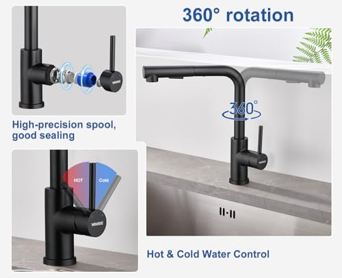Niederdruck Armatur Küche Ausziehbar, WOOHSE Wasserhahn Küche Schwarz mit Brause 2 Strahl, 360° Drehbar Küchenarmatur Niederdruck Wasserhahn mit 3 Anschlüsse für Boiler, Spültischarmatur aus Edelstahl