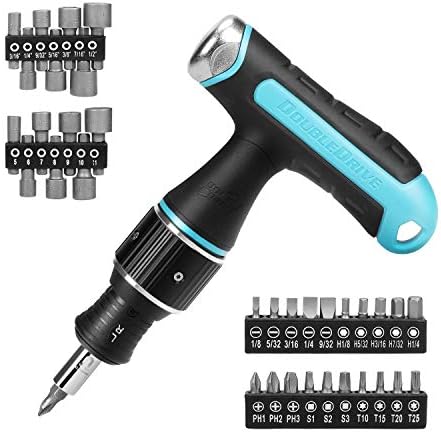 DOUBLEDRIVE 32 Pc 2X Speed Dual Ratcheting Screw Driver with Multi Bits, Magnetic Screwdriver and Socket Set with T-handle