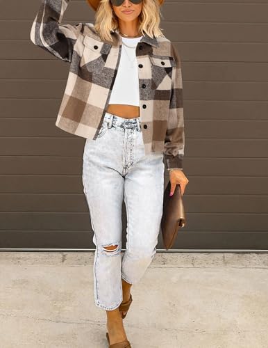 HOTOUCH Womens Flannels Fall Cropped Shacket Plaid Jacket Long Sleeve Button Down Coat 2025 Fall Fashion Trendy Outfits2