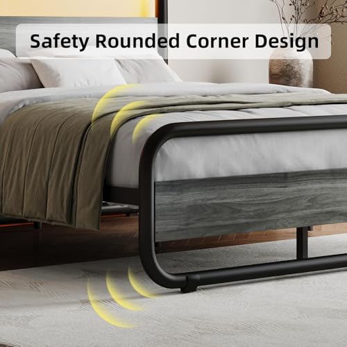Image of King Size Bed Frame, Wood Headboard and Footboard, LED Lights, Grey | Metal Platform with Heavy Duty Metal Slats Support /12 in Under-Bed Storage /Noise-Free /No Box Spring Needed /Easy Assembly