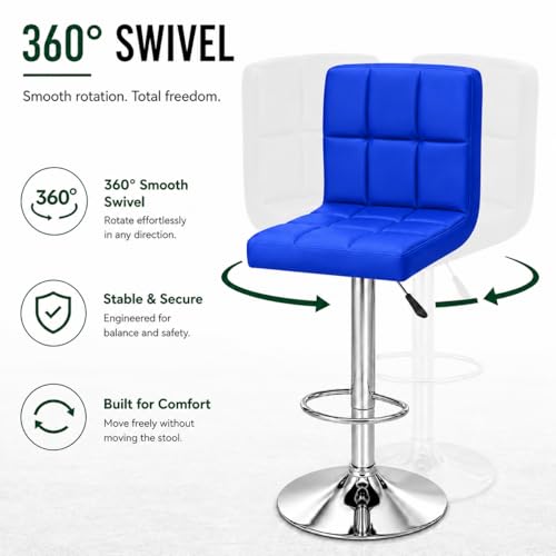 Image of Kemon KaiMeng Modern Adjustable Swivel Bar Stool Chair with Backrest, PU Leather Hydraulic Counter Stool with Footrest for Kitchen Island, Cafe & Home Bar, Blue, Square Tufted Back Stool
