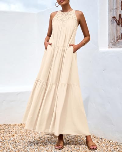 Image of BTFBM Halter Summer Dresses for Women 2026 Casual Spring Hollow Out Sleeveless Boho Sundresses Beach Vacation Maxi Dress