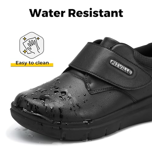 FitVille Men's Extra Wide Fit Leather Shoes, Walking Shoes with Hook & Loop Straps - EasyTop Deluxe Dress Shoes V4 Wide 9 UK Black - Image 5