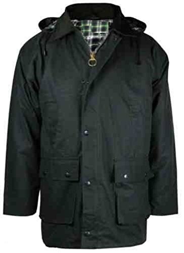 New Mens Waxed Cotton Padded Jacket Coat with Hood Outdoor Countryside Oiled Fishing Hunting Shooting Farming Riding Check Lining (Olive Medium)