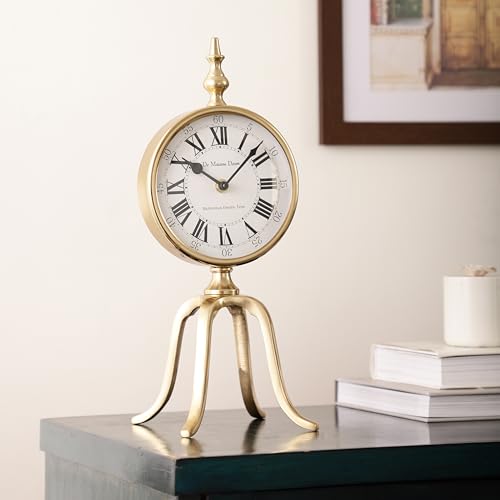 Image of Decor de Maison Handcrafted Marbellic Analog Table Clock for Kids Room, Bedroom, Study Table, Office Desk, Classic Non-Ticking Tabletop Battery Operated Desk Clock, Gold, Quad Stand