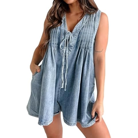 TUWIXIUW Y2k Womens Denim Shorts Romper Tie Front Sleeveless Jean Jumpsuit Loose Overall Vneck Jean Romper with Pockets (Light Blue, M) Cover