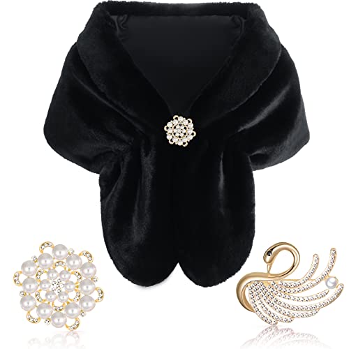 Geyoga Faux Fur Shawl Wrap Stole Shrug Winter Bridal Wedding Scarf Wrap with Faux Pearl Rhinestone Brooches for Women 1920s (Black, Large, Short Hair)