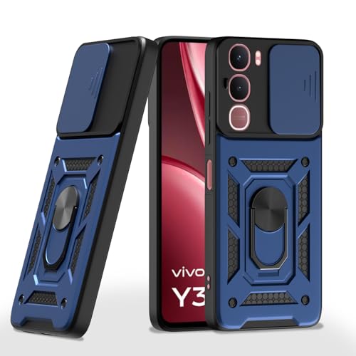 Image of Pikkme Back Cover for Vivo Y31 5G | 360 Protection Case | Sliding Camera Shield Cover & Ring Holder Stand D10 Tough Armor Bumper Case (Blue)