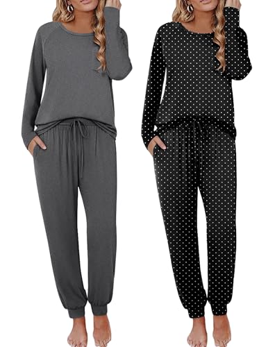 Image of Ekouaer 2 Pack Womens Pajama Sets Long Sleeve Pjs Soft Comfy Lounge Set