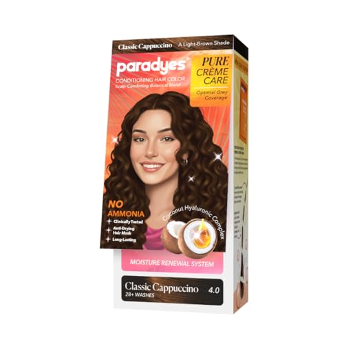 Paradyes Pure Crème Care No Ammonia Hair Color Classic Cappuccino 4.0 | Long-Lasting Crème Formula | Grey Coverage | Coconut Milk + Almond Oil + Hyaluronic Complex | Smooth & Shiny Finish | 60g+10 ml