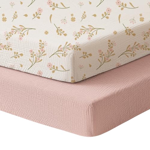 Image of Konssy Muslin Mini Crib Sheets, 100% Soft Cotton Pack and Play Sheets for Pack N Play Mattress, Playard Baby Crib Sheets for Baby Girls (Floral, Pink)