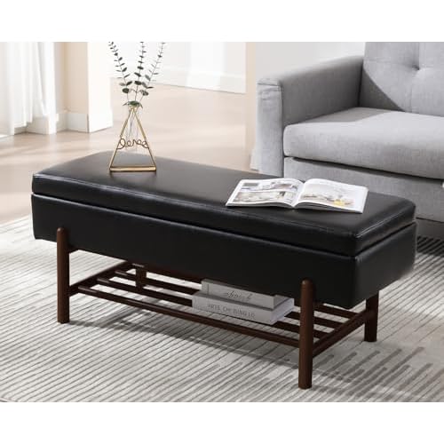 CIMOTA Entryway Storage Bench for Bedroom Sherpa End of Bed Upholstered Ottoman Bench with Wood Shoe Storage/Coffee Table for Living Room/Hallway/Under Window, 46.5 Inches, Fur Beige Faux Fu