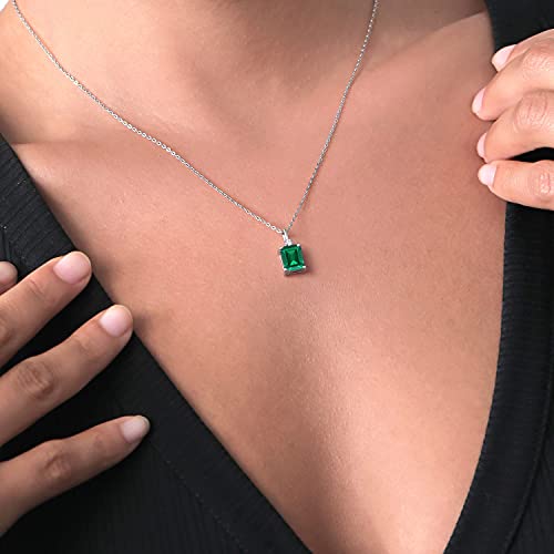 Gem Stone King 925 Sterling Silver Green Nano Emerald and White Lab Grown Diamond Pendant Necklace For Women | 2.04 Cttw | Gemstone May Birthstone | Emerald Cut 9X7MM | With 18 Inch Silver Chain