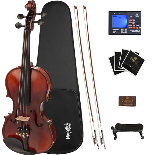 Mendini By Cecilio 4/4 Violin For Beginners, Black Solid Wood - Flamed Acoustic Violins Set with Case, Tuner, Shoulder Rest, Bow, Rosin, Bridge & Strings