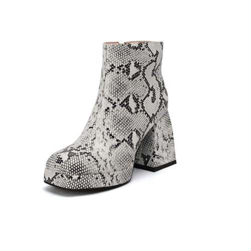 Women's Chequered Ankle Boots Artificial Snakeskin Block Chunky Heeled Booties With Side Zipper Fashion Winter Boots