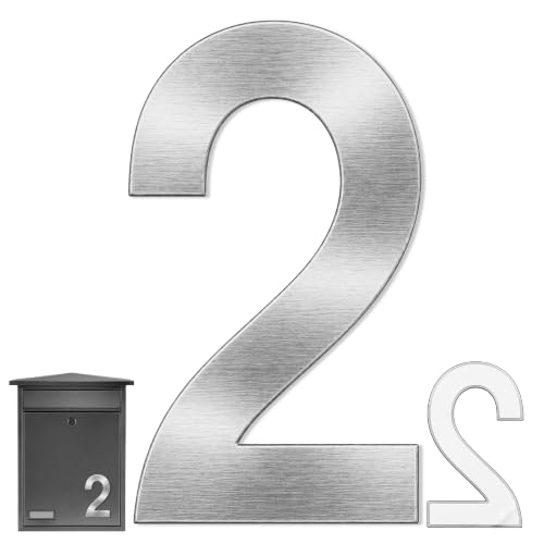 Numero 2 casa, Número Dos hogar, Número 2 para puerta, Número para pared, Número 2 buzón, Acero inoxidable 304, 75 mm alto x 47 mm ancho, Adhesivo, Plateado