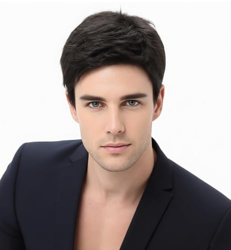 SEVENCOLORS Black Mens Wig Natural Looking Short Hair Layered Wigs for Men Male Synthetic Halloween Cosplay Daily Wigs