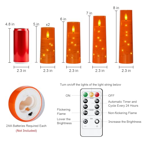 Image of Raycare Flameless Candle with Remote Timer - 5 Flickering Acrylic Battery Operated LED Pillar Candles with Embedded Star String for Halloween, Home Decor, and as a Gift(Orange)