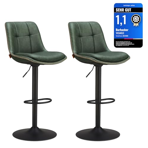 VASAGLE Barhocker 2er Set, Barstühle höhenverstellbar, drehbare Küchenhocker, gesteppter PU-Bezug, mit Rückenlehne und Fußstütze, Esszimmer, Theke, Stahl, waldgrün LJB095C01 VASAGLE Barhocker 2er Set, Barstühle höhenverstellbar, drehbare Küchenhocker, gesteppter PU-Bezug, mit Rückenlehne und Fußstütze, Esszimmer, Theke, Stahl, waldgrün LJB095C01