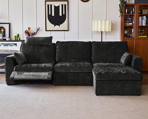 Image of 124.8'' Oversized Power Recliner Sofa with Headrest, Extra Wide Modular Cloud Sectional Reclining Couch, Convertible 4-Seater with Storage Ottoman for Home Theater Living Room, Chenille, Black