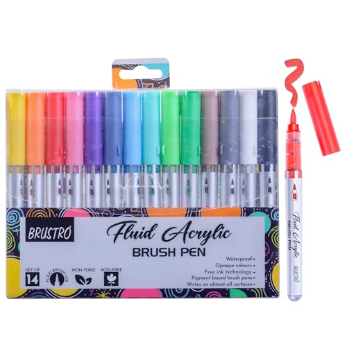 Image of BRUSTRO Fluid Acrylic Brush Pen | Set of 14 Basic Shades | Waterproof, Fast Drying, Opaque Colors, Highly Pigmented | Ideal for Colouring, Drawing, Doodling, Marker, Professional Art & Craft