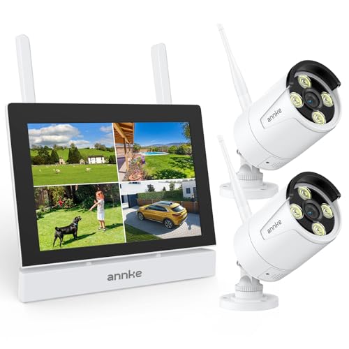 ANNKE Überwachungskamera Set mit Monitor, 5MP 4CH 7 Zoll Touchscreen NVR Bildschrim mit 2pcs 3MP WiFi Kamera, 2-Wege-Audio, Personenerkennung, 30m Nachtsicht, App&Mail Alarm, 64GB SD Karte
