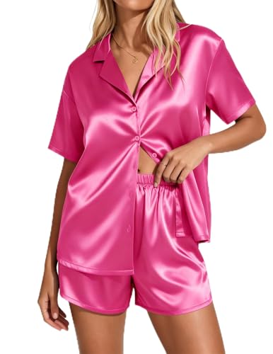 Image of Ekouaer Womens Satin Pajama Set Short Sleeve Sleepwear Button Down Pjs | Silky Smooth Satin, Soft Top and Shorts, Bridal Getting Ready Outfit, 2 Piece Loungewear Set for Daily Sleep, Wedding Party