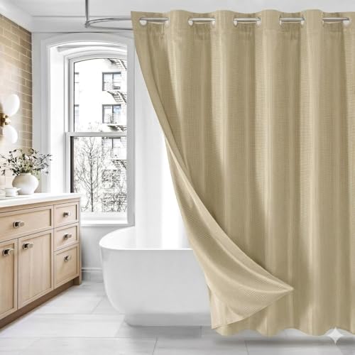 Image of HOMETHREADS Embrace Luxury with Our 6-Feet Long Premium Polyester Shower Curtain with 12 Hooks for a Lavish Bathroom Ambiance | Stylish, Splendid, and Perfectly Sized (Classic Khaki, 180x180cm)