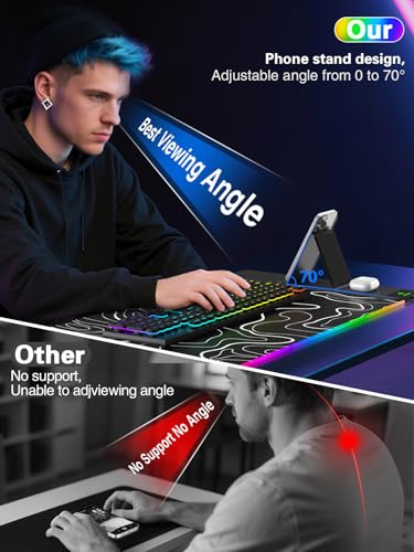 Image of Mouse Pad with Foldable Phone Holder & Wireless Charger, XXL RGB Gaming Mousepad 31.5 inchx15.8 inch Large Desk Mat for Keyboard, Black Desk Pad with Dual Qi Charging Station | 11 Colors 5 Modes | Waterproof