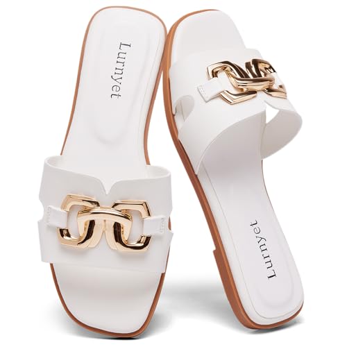 Lurnyet Women's Flat White Sandals Dressy Summer Comfortable Fashion Leather Slippers Beach Cute Ladies Slides Casual Women's Sandals