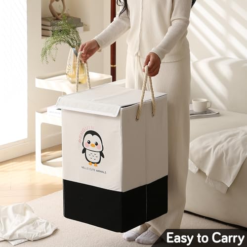 Image of HOKIPO Foldable Laundry Basket for Clothes with Lid, Black - Penguin (AR-5317-BLK), 53cm, 35cm