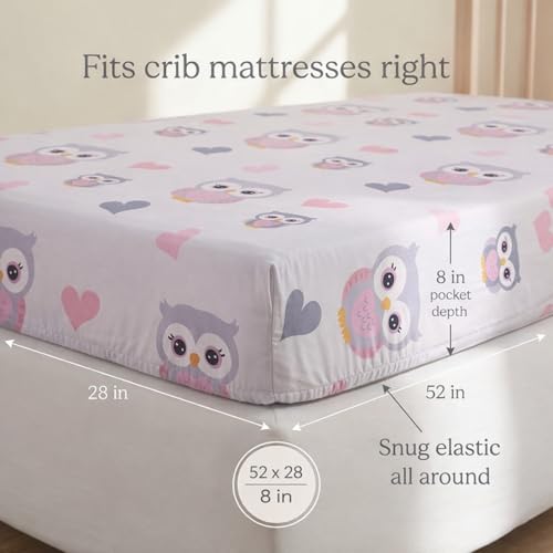 Image of EVERYDAY KIDS Baby Girl Fitted Crib Sheet Sweet Owls, 100% Soft Breathable Microfiber Baby Sheet, Fits Standard Size Crib Mattress 28in x 52in, Nursery Sheet