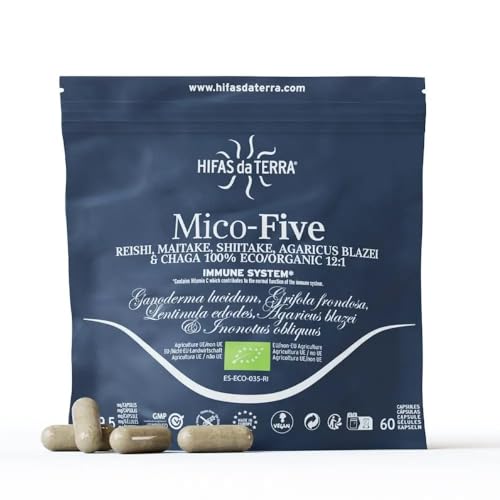 HIFAS DA TERRA - Mico-Five - Extracto Puro de Reishi, Maitake, Shiitake, Champiñón del sol y Chaga con Vitamina C - Refuerzo inmunitario natural - Extracto de Hongos - Refill 60 Cápsulas