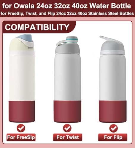 Silicone Water Bottle Boot for Owala 24oz, Anti-Slip Protective Sleeve Watter for FreeSip, Twist, and Flip Stainless Steel Bottles, Bottom Bumper Cover, BPA Free, Black Cherry - 1