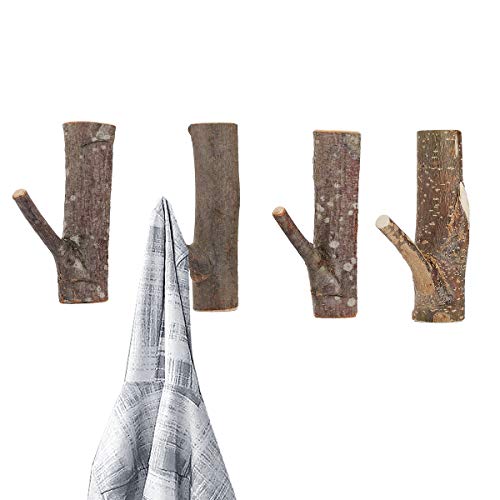 DOKOT Kleiderhaken Garderobenhaken aus Natürliche Holz Haken Selbstklebend Wandhaken Handtuchhaken Geeignet für Wohnzimmer Schlafzimmer Dekoration AST 4 Stück (3~4cm Breite)