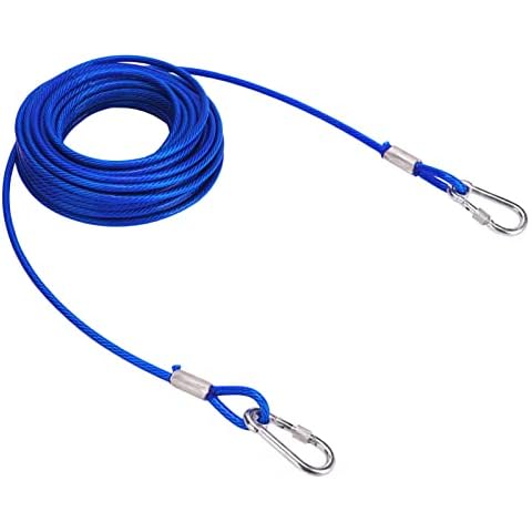 Dog Tie Out Cable 50 Feet Reflective Dog Leads for Yard Chew Proof, Rust-Proof Dog Runner Tether with Durable Lockable Clips for Medium Large Dogs Up to 250lbs, Blue Cover
