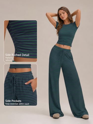 Image of Trendy Queen 2 Piece Matching Summer Lounge Set Womens Side Ruching Top Wide Leg Pants Sets with Pockets