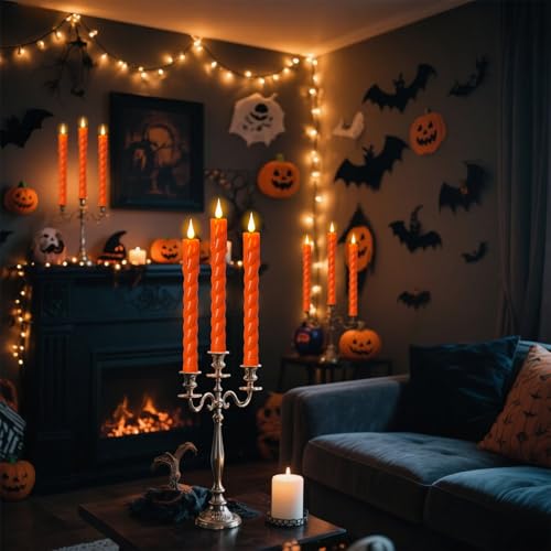 Image of Flickering Flameless Taper Candles with Remote and Timer, 2 Pack Battery Operated LED Taper Candles 3D Wick Plastic Dripping Effect Dinner Halloween Indoor Decor(Orange, 0.78 inch D x 9.65 inch H)