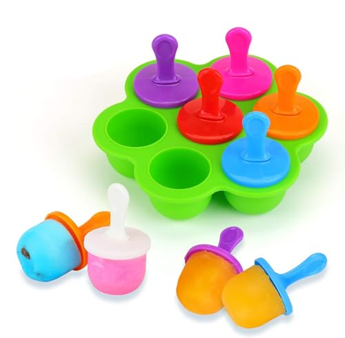 KATELUO Mini Stampo in Silicone per Ghiaccioli con Bastoncini di Plastica Colorati - 7 Scomparti Fai da Te, per Alimenti per Bambini Contenitore, Ghiaccioli, Mousse, Mini torta, Dessert Fai da Te