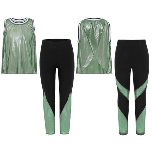 TiaoBug Kids Girls Gymnastics Dance Athletic Outfit Sleeveless Metallic Mesh Tank Top and Leggings Set3