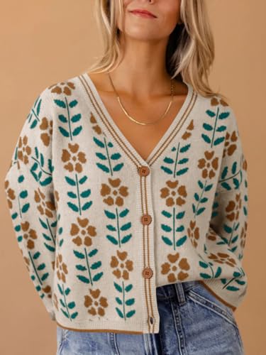 Saodimallsu Womens Floral Print V Neck Cardigan Open Front Button Down Knit Sweater Long Sleeve Loose Fashion Tops2