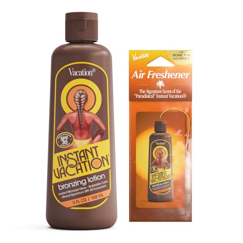 Instant Vacation SPF 30 Bronzing Lotion and Air Freshener Bundle 5 Fluid Ounces - Bronzing Sunscreen Buildable Color Lightweight Broad Spectrum Evens Skin Tone Vegan