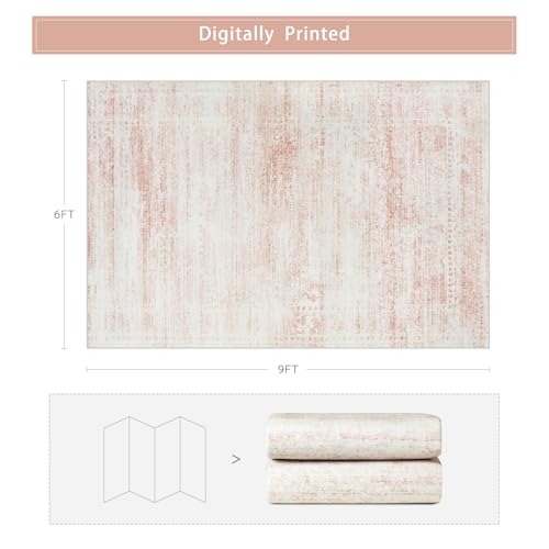 Washable Rugs 6x9 Area Rugs for Living Room,Bedroom,Dining Room- Ultra Soft Faux Wool Nursery Rug for Baby Girl,Neutral Light Pink Low Pile Vintage Carpets for Dorm Kids Playroom,Non Slip