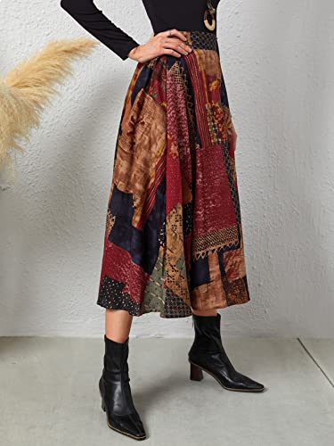 Wdirara Women's Patchwork Skirt High Waisted A Line Flowy Boho Vintage Midi Skirt Multicolor M #TOP2