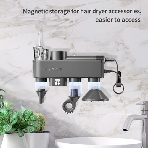 Hair Dryer Holder, Blow Dryer Stand Wall Mount Compatible for Dyson Supersonic and Cosy Companions, Automalic Hand Drying, Magnetic Nozzle Storage, No Drilling Required, Hair Dryer Accessory Organizer - Thumbnail 2