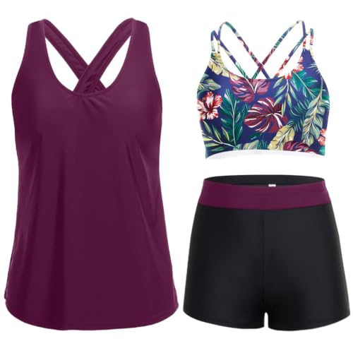 Image of Women's 3 Piece Tankini Swimsuit Tummy Control Bathing Suit with Boy Shorts